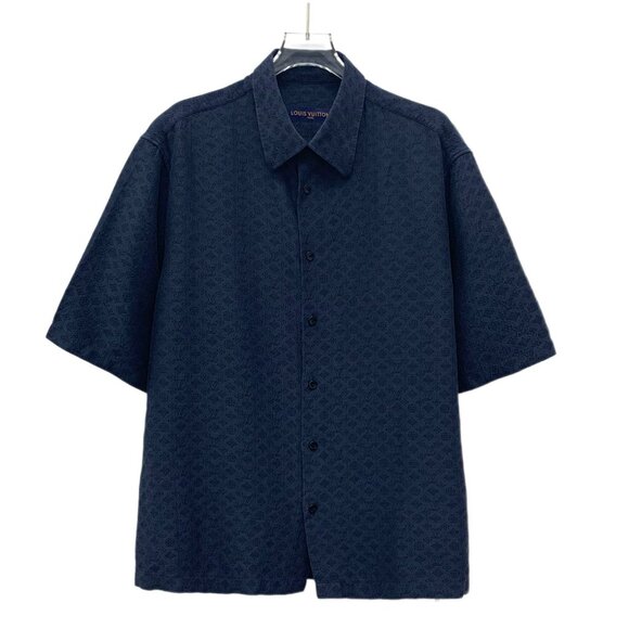 LOUIS VUITTON Mens Monogram Short Sleeve Button Down Shirt Size M Navy Blue Made - Picture 1 of 7